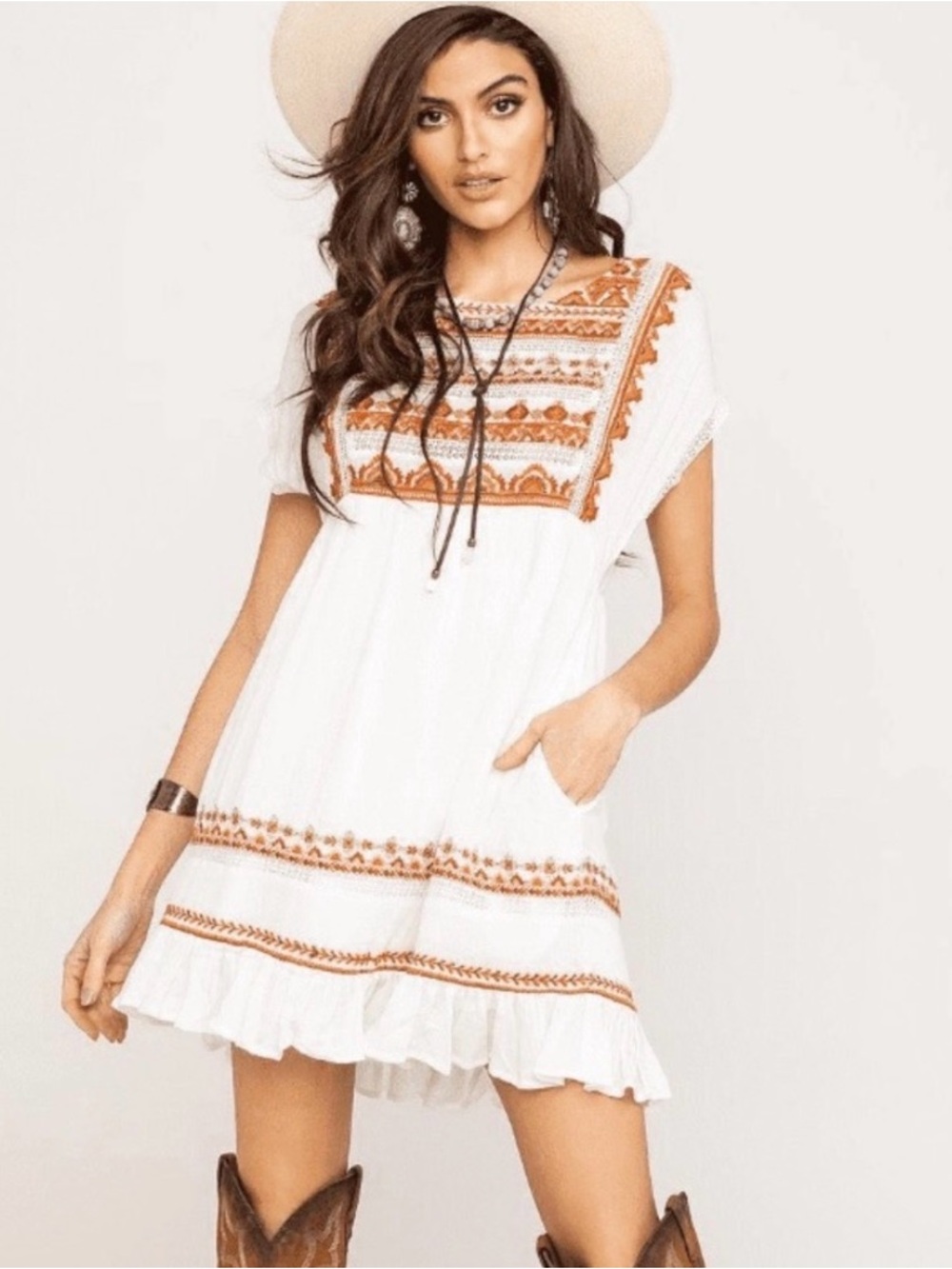 Free People White Mini Dress with Rust Embroidery, Lined, Size Large